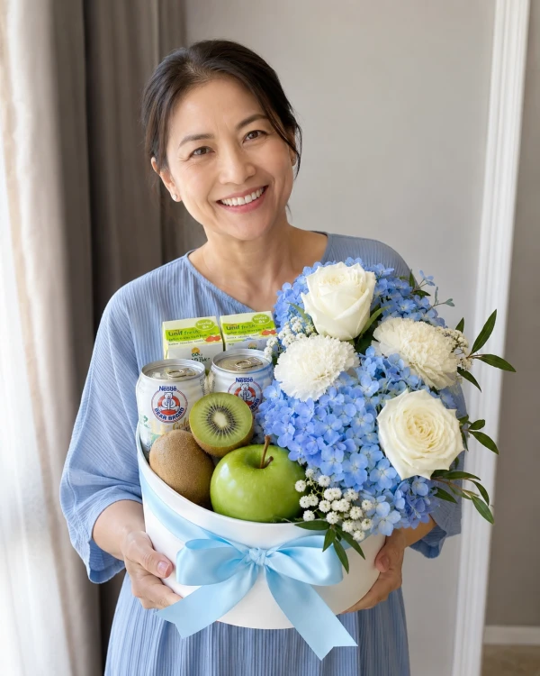 A gift box with fruit, milk, juice, and a bouquet of white roses and blue hydrangeas.