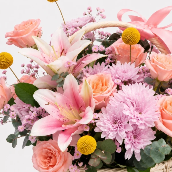 Pink lilies and peach roses in a woven basket, with delicate pink filler flowers and eucalyptus.
