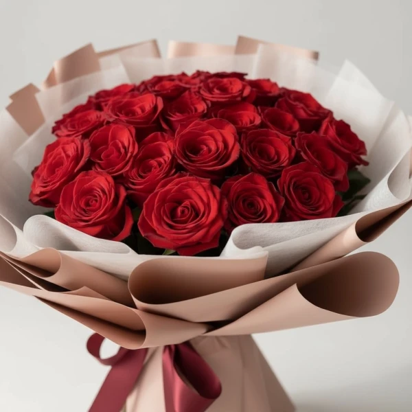 A large bouquet of 30 vibrant red roses with white filler flowers, elegantly wrapped in light brown and white paper with a burgundy ribbon.