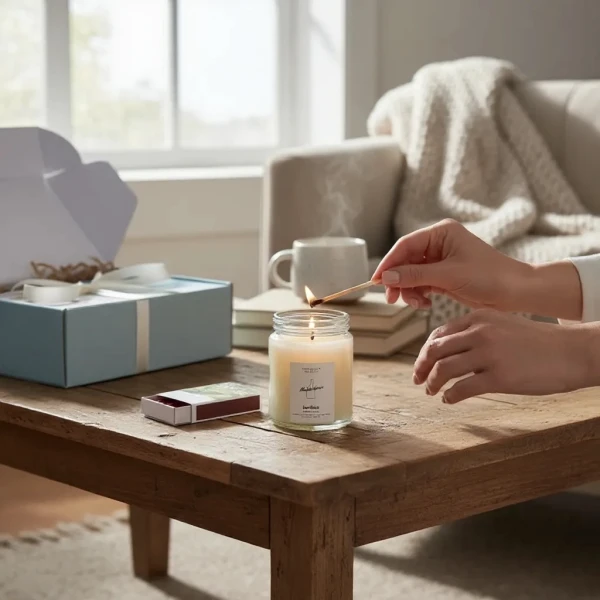 Person lighting a candle with a match, near a gift box and matches on a wooden table.