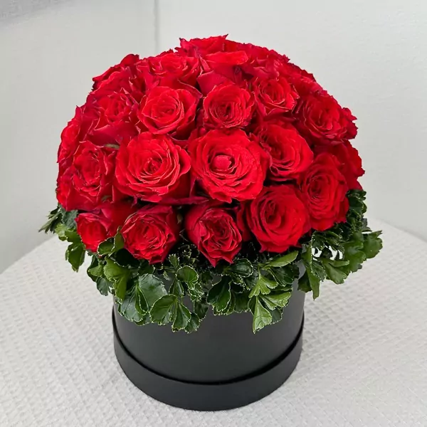 Round black box overflowing with 40 vibrant red roses and green foliage.