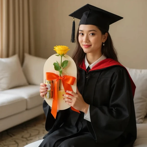 A graduate in a cap and gown holds a gift box with a yellow rose and chocolates.