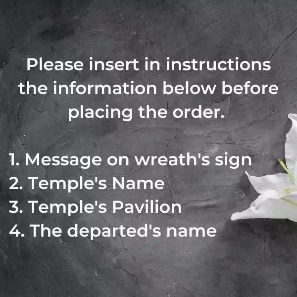 Funeral flower stand instructions: message, temple name, pavilion, departed's name.