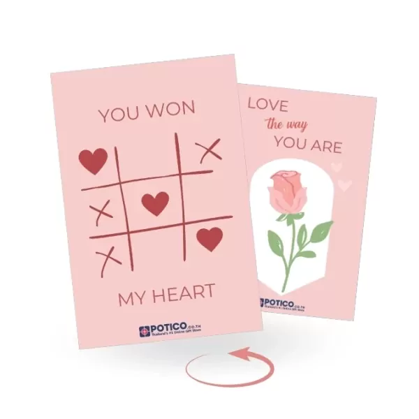 Pink greeting cards with "You Won My Heart" tic-tac-toe and "Love the Way You Are" rose illustration.