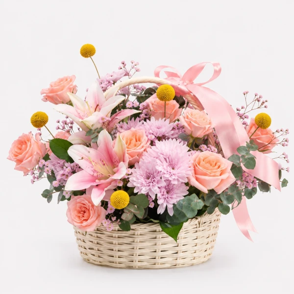 A woven basket overflowing with pink lilies, peach roses, and purple mums, adorned with a pink ribbon and small yellow accents.