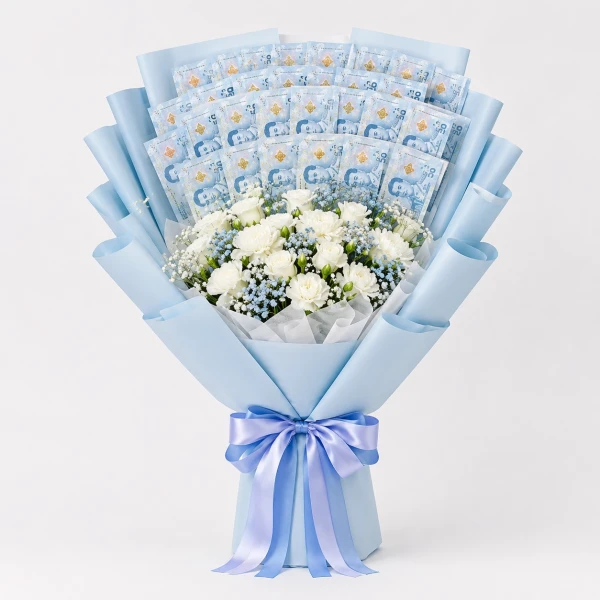 Blue bouquet of money bills and white flowers with a blue ribbon.