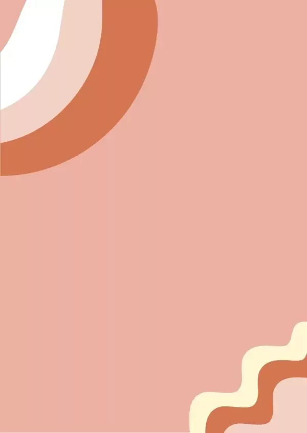 Pink card with abstract wavy bands in tan, cream, and coral on the top left and bottom right.