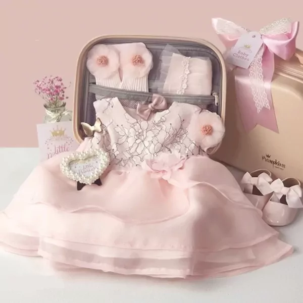 Pastel pink baby gift set in a suitcase with a princess dress, shoes, gloves, and accessories.