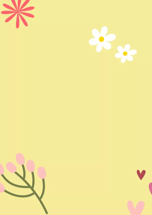 Yellow card with pink flower, white flowers, pink buds, and pink hearts.