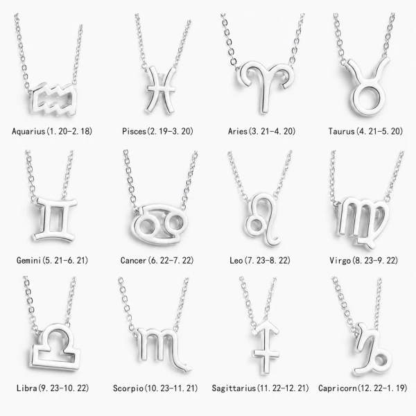 Gold zodiac sign necklaces, each with its astrological symbol and dates.