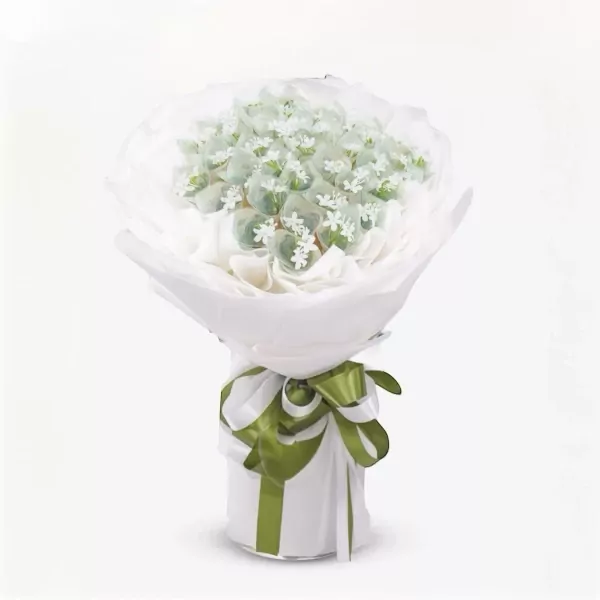 Money bouquet with green ribbon, wrapped in white paper, featuring folded banknotes.