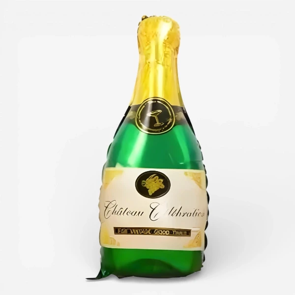 Green champagne bottle balloon with gold foil neck and label reading "Château Celebrations."