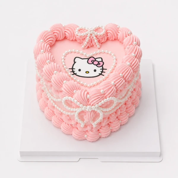 Heart-shaped pink cake with Hello Kitty decoration, piped frosting, and pearl accents.
