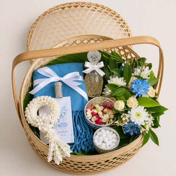 Songkran gift basket with jasmine garland, blue cloth, perfume, flowers, and silver bowls of petals and white beads.