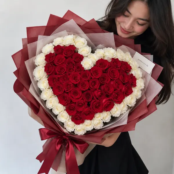 99 Red and White Rose Heart Bouquet 2