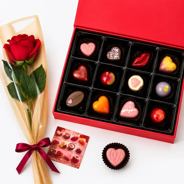 Red box of 12 heart and lip-shaped chocolates with a red rose and a small chocolate guide card.