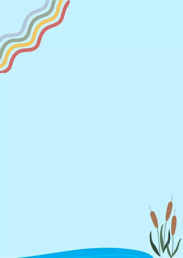 Light blue background with colorful wavy lines in top left and cattails by blue water at bottom right.