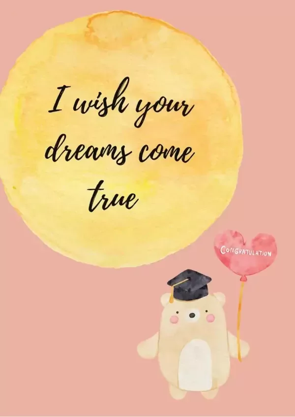 Cute bear in graduation cap holds heart balloon that says "Congratulation" on a pink background with yellow watercolor circle.