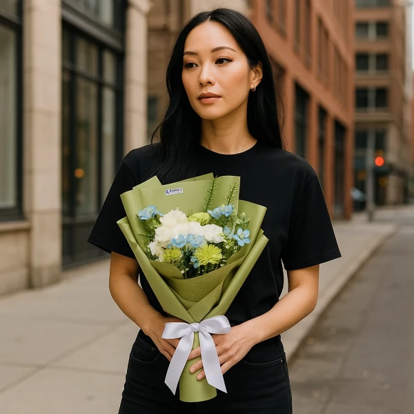 Woman in black shirt holding a coral, white, and blue floral bouquet wrapped in green paper with a white ribbon.
