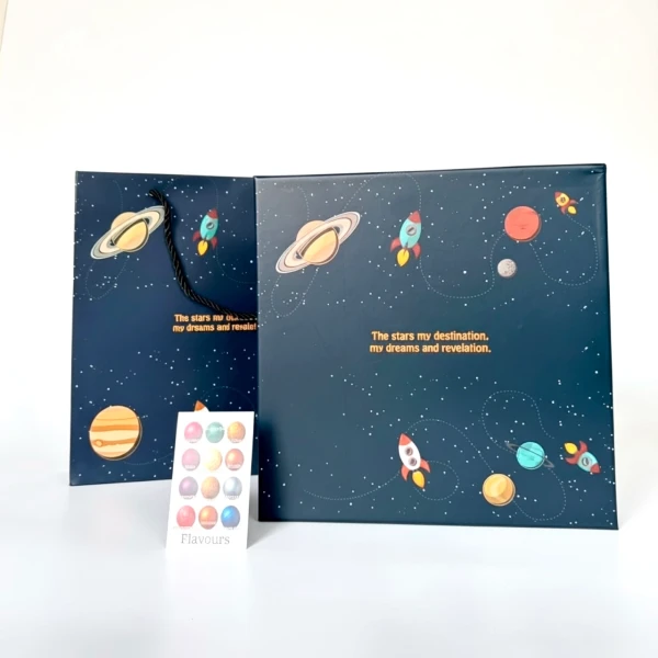 Galaxy Chocolate Box with space-themed packaging, showing planets, rockets, and stars.