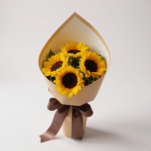 Bouquet of five bright sunflowers wrapped in brown and cream paper, tied with a brown ribbon, on a light background.