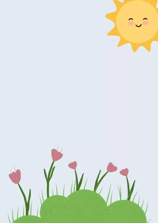 Cute sun smiling in the corner of a card with pink flowers and green bushes.