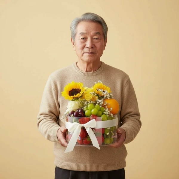Elderly man holding a clear box of fresh fruit and flowers with a white ribbon.