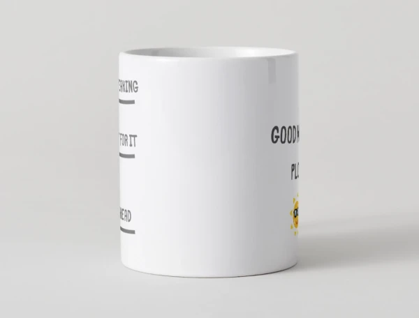 White mug with "GOOD MORNING" and a sun graphic.