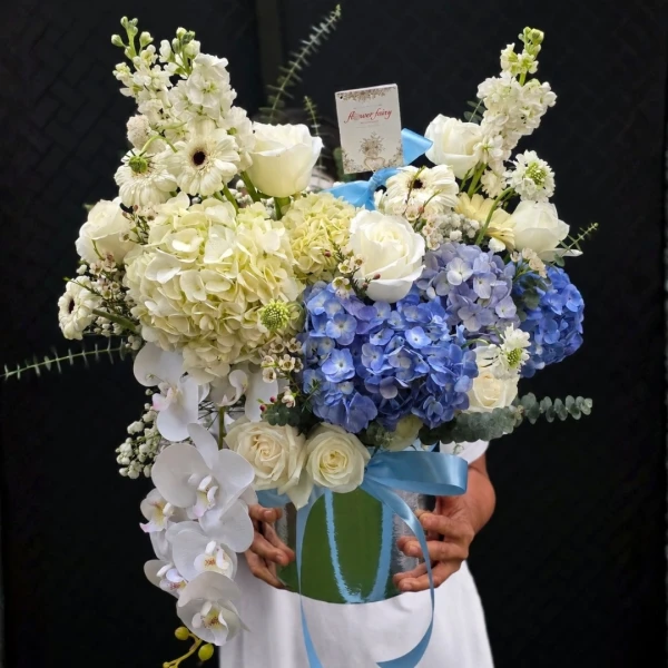 Serene Blue & White Floral Bucket Arrangement