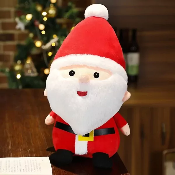 Plush Santa Claus with red hat and suit, white beard, sitting on a wooden table.