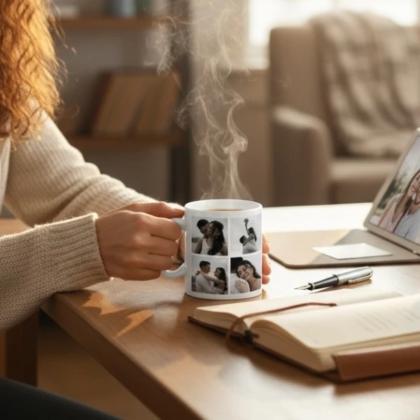 Mug with collage of couple's photos steaming in a woman's hands, with laptop and book nearby.