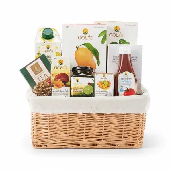 Wicker basket filled with Doi Kham products: tea, drinks, spreads, ketchup, and fruit snacks.