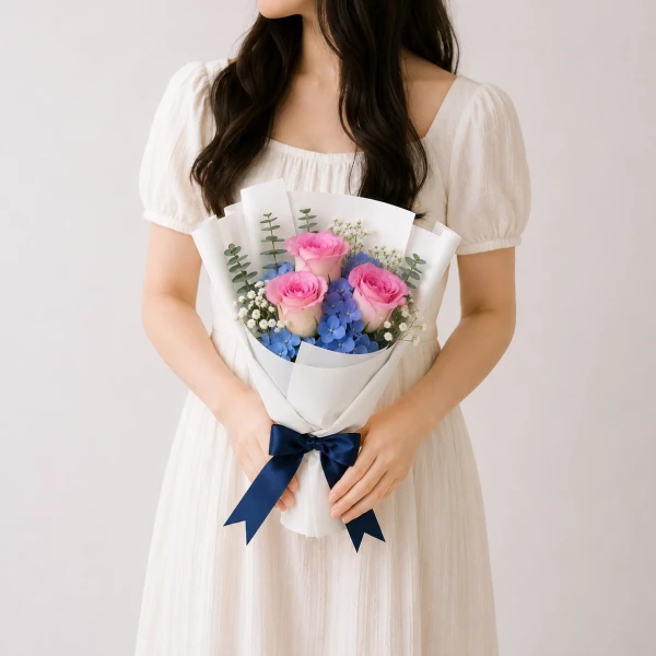 1 Blue Hydrangea, 4 Pink Roses, Chamomile, and Eucalyptus Leaves