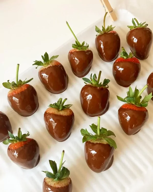 Chocolate-dipped strawberries with green stems on a white surface.