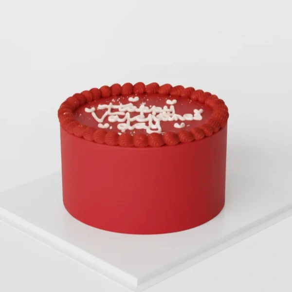 Red Valentine's Day cake with white "Happy Valentine's Day" frosting and red border.