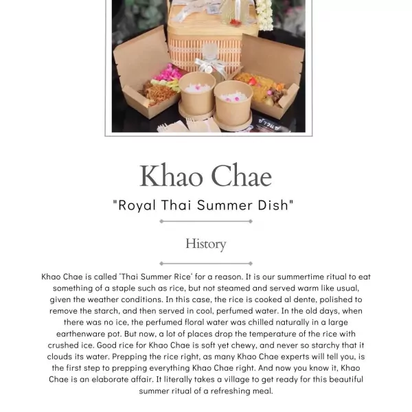 Khao Chae rice dish with side dishes in a bamboo basket, served in paper containers.