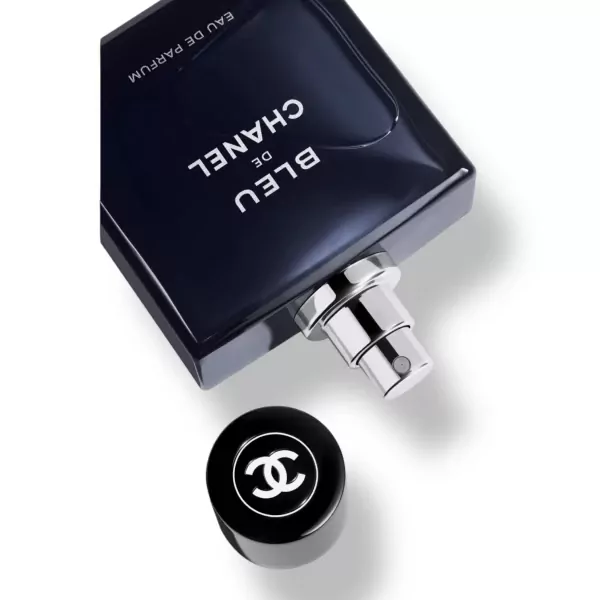 Chanel Bleu de Chanel Eau de Parfum bottle with cap, featuring the iconic interlocking 'C' logo.