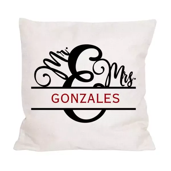 A white pillow with "Mr. & Mrs. GONZALES" printed on it.