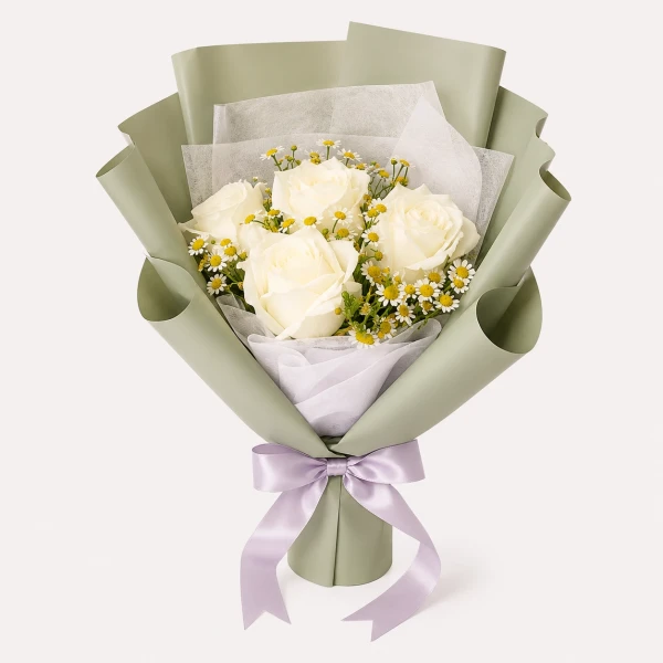 4 Premium White Roses and Chamomile