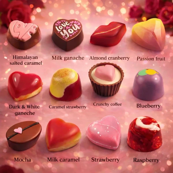Assortment of 12 gourmet heart and uniquely shaped chocolates with flavor labels.