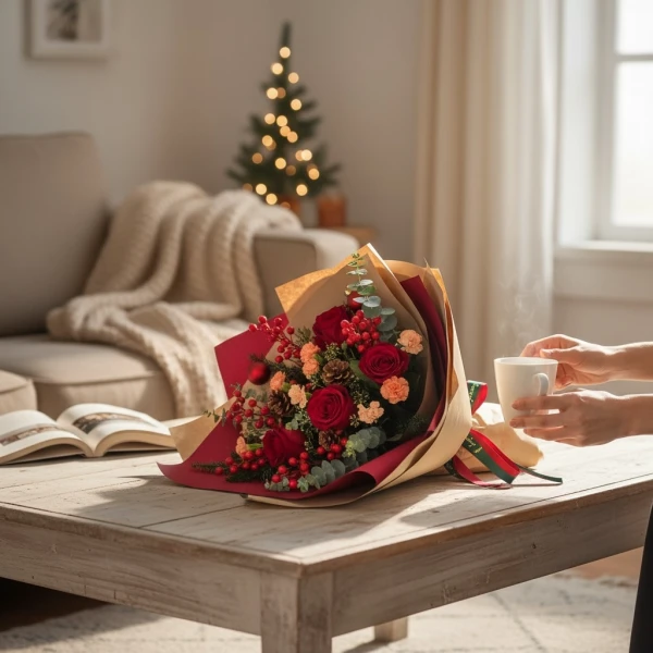 A festive Christmas bouquet of red roses, berries, and pinecones on a wooden table with a steaming mug.
