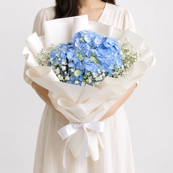 Blue hydrangeas and white baby's breath in white paper wrap, tied with a white ribbon.