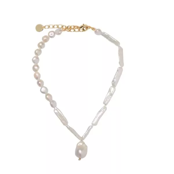 A gold necklace with irregular freshwater pearls, featuring a teardrop pearl pendant.