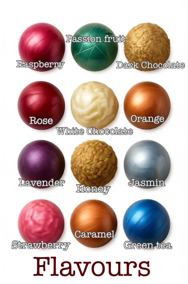 Chocolates in 12 flavors, arranged in 3 rows of 4, with flavor names below each.