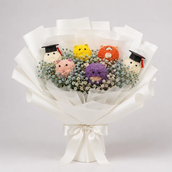 Bouquet of stuffed teddy bears in graduation caps with dried flowers, wrapped in white paper and tied with a white ribbon.