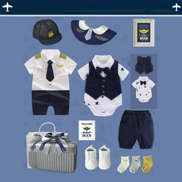 Baby pilot outfit gift set: romper, vest onesie, shorts, shoes, socks, bib, cap, suitcase, and card.
