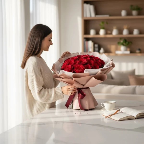 Woman in cream sweater arranging large bouquet of red roses, with a book and teacup on a marble table.