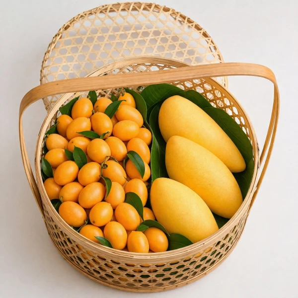 Woven bamboo basket filled with yellow Marian plums and mangoes on green leaves.