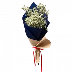 Mini-bouquet of yellow limonium flowers in craft and navy paper wrapping, tied with a red ribbon.