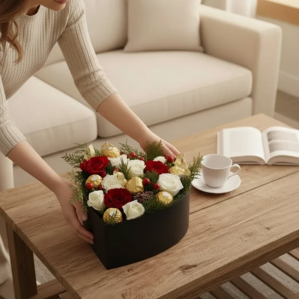 Heart-shaped box with red & white roses, carnations, and Ferrero Rocher chocolates.